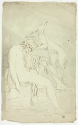 Ancien bas-relief du chasseur endormi et du chien
