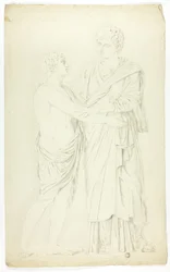 Sculpture ancienne de femme debout et garçon