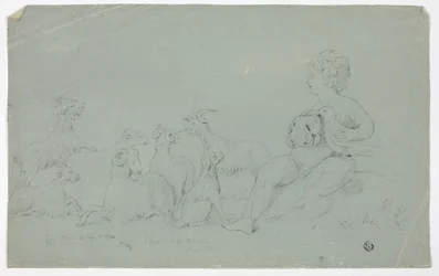 Bas-Relief Antique avec Garçon Assis Tenant un Faucon et Accompagné de Chien, Mouton et Chèvres