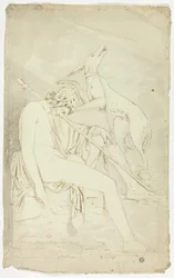 Ancien bas-relief du chasseur endormi et du chien
