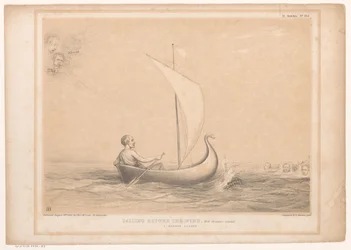 Caricature de Lord Russell dans un petit voilier (Sailing before the wind, With Breakers ahead. A narrow escape, HB Sketches)