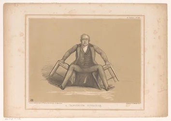 Caricature de Robert Peel tombant entre deux chaises