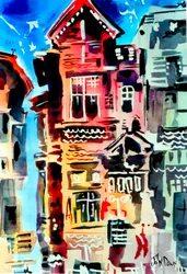 Aquarelle représentant un paysage urbain coloré