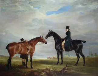 Frank Hall Standish sur son chasseur noir avec un palefrenier et un deuxième cheval
