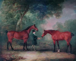 Chasseurs nourris par un palefrenier dans un cadre boisé