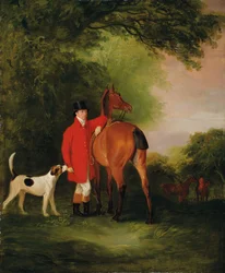 Portrait de Lord Lismore en manteau de chasse avec son cheval bai et un chien, dans un paysage, une partie de chasse au loin