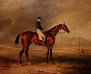 Priam, un cheval de course bai monté par Sam Day