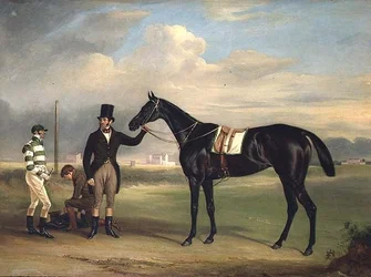 « Pussy », un cheval de course brun foncé avec son entraîneur, « Old John » Day, M. T. Cosby et W. B. Day à Epsom