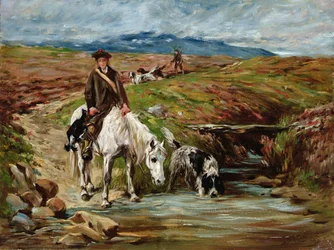 Cheval et épagneul buvant à un ruisseau