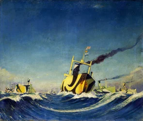 Un convoi de navires dont la coque est couverte de motifs utilisés pour le camouflage pendant la Première Guerre mondiale