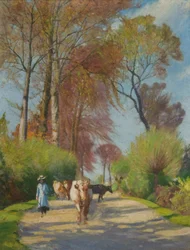 Chemin de campagne avec figure et vache