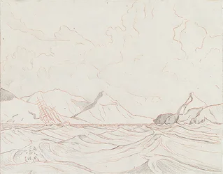 Paysage marin avec navire passant devant la terre (1), début du XXe siècle