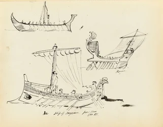 Croquis de premiers navires, y compris un navire à voile et à rames romain et le navire d