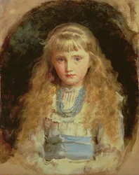 Portrait de Beatrice Caird portant une robe blanche avec une ceinture bleue