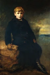 Portrait de Cecil Webb, assis en longueur complète, portant un manteau noir avec un col en fourrure, 1887