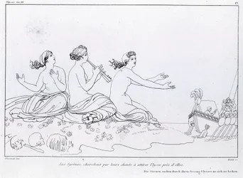 Les sirènes cherchent par leur chant à attirer Ulysse. Dessin de John Flaxman (1755 - 1826). L