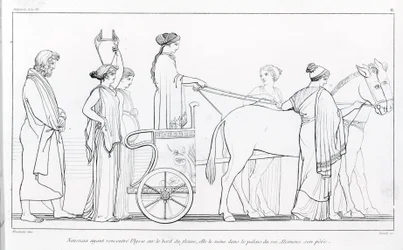 Nausicaa, qui vient de rencontrer Ulysse, le ramène au palais de son père, le roi Alkinoos. Dessin de John Flaxman (1755 - 1826). L