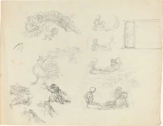 Études de coq chantant et de figures allongées