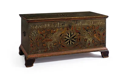 Coffre décoré fabriqué pour Barbara Stauffer, Rapho Township, comté de Lancaster, Pennsylvanie, USA, 1799