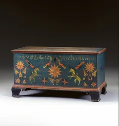 Coffre à couvercle décoré fabriqué pour Jacob Ober, Rapho Township, comté de Lancaster, Pennsylvanie, USA, 1794