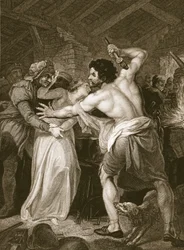 Le percepteur de la poll tax assassiné par Wat Tyler, gravé par J. Hall, illustration tirée de « The History of England » de David Hume, publié par R. Bowyer, Londres