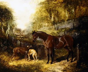 Poney et lévriers dans un paysage