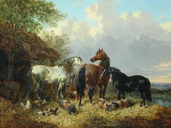 Trois chevaux avec des cochons
