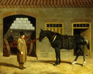 Un cheval de trait et son conducteur devant une écurie, 1827