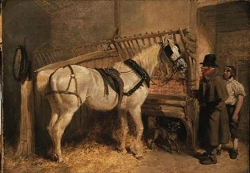Un cheval de cab de St. Giles dans une écurie avec des palefreniers