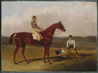 "Pieds nus", le cheval de course, avec un jockey et un palefrenier, 1835