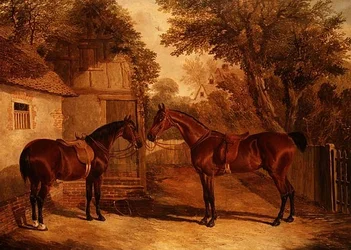 Chasseurs de baie devant une ferme