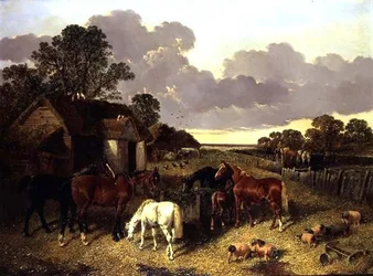 Chevaux, cochons, volailles, canards et bovins dans une cour de ferme