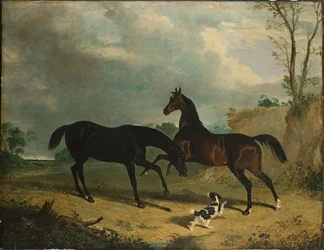 Chasseurs et un épagneul dans un paysage boisé, 1835