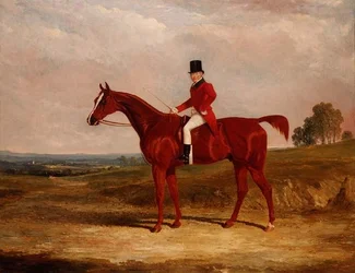 Sir Hugh Hamilton Mortimer, maître des Old Surrey Foxhounds, sur un chasseur alezan dans un vaste paysage
