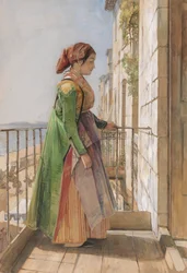 Une fille grecque debout sur un balcon