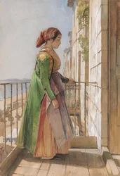 Une jeune fille grecque debout sur un balcon