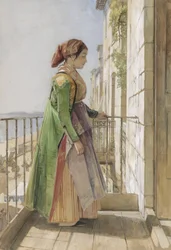 Une fille grecque debout sur un balcon