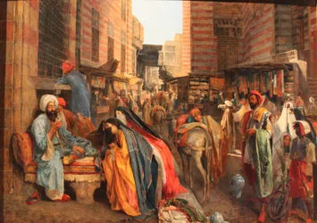 French: La Rue et la mosquée al-Ghouri au Caire Street Scene near the El Ghouri Mosque in Cairo