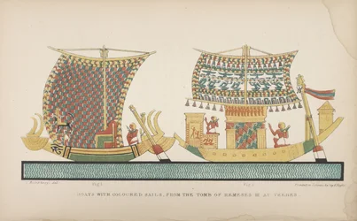 Bateaux avec des voiles colorées, de la tombe de Ramsès III à Thèbes, illustration de "Manners and Customs of the ancient Egyptians...", 1837-41