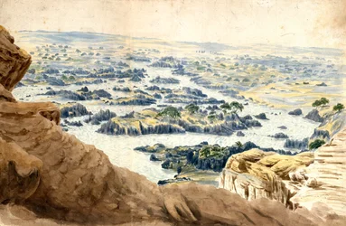 Le Nil à la deuxième cataracte. Aquarelle de John Gardner Wilkinson (1797-1875), voyageur et archéologue britannique, "le père de l