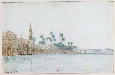 Vue de Manfaloot". Aquarelle. John Gardner Wilkinson (1797-1875), explorateur et égyptologue anglais. Ville au bord du Nil, avec minaret, palmiers et bateaux à l