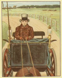 Garçon conduisant un cheval et une charrette