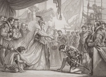 La reine Élisabeth I (1530-1603) adoubant Francis Drake (1540-96) de 