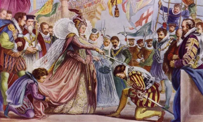 La reine Elizabeth I adoubant Sir Francis Drake à bord de son navire, le Golden Hind, Deptford, 1581
