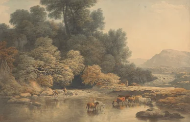 Paysage vallonné avec rivière et bétail