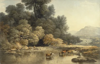 Paysage vallonné avec rivière et bétail, c.1810