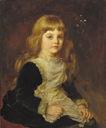 Portrait de Sophie Beatrix Mary Cadogan, assise en trois-quarts, en robe noire avec tablier bordé de dentelle