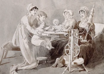 Une femme avec sa famille à un rouet