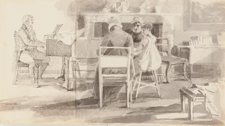 Homme au piano avec trois autres assis