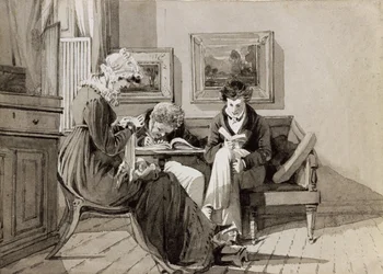 Intérieur social à Brathay Hall, représentant Jessy Harden, le révérend Owen Lloyd et H. Almack, vers 1827